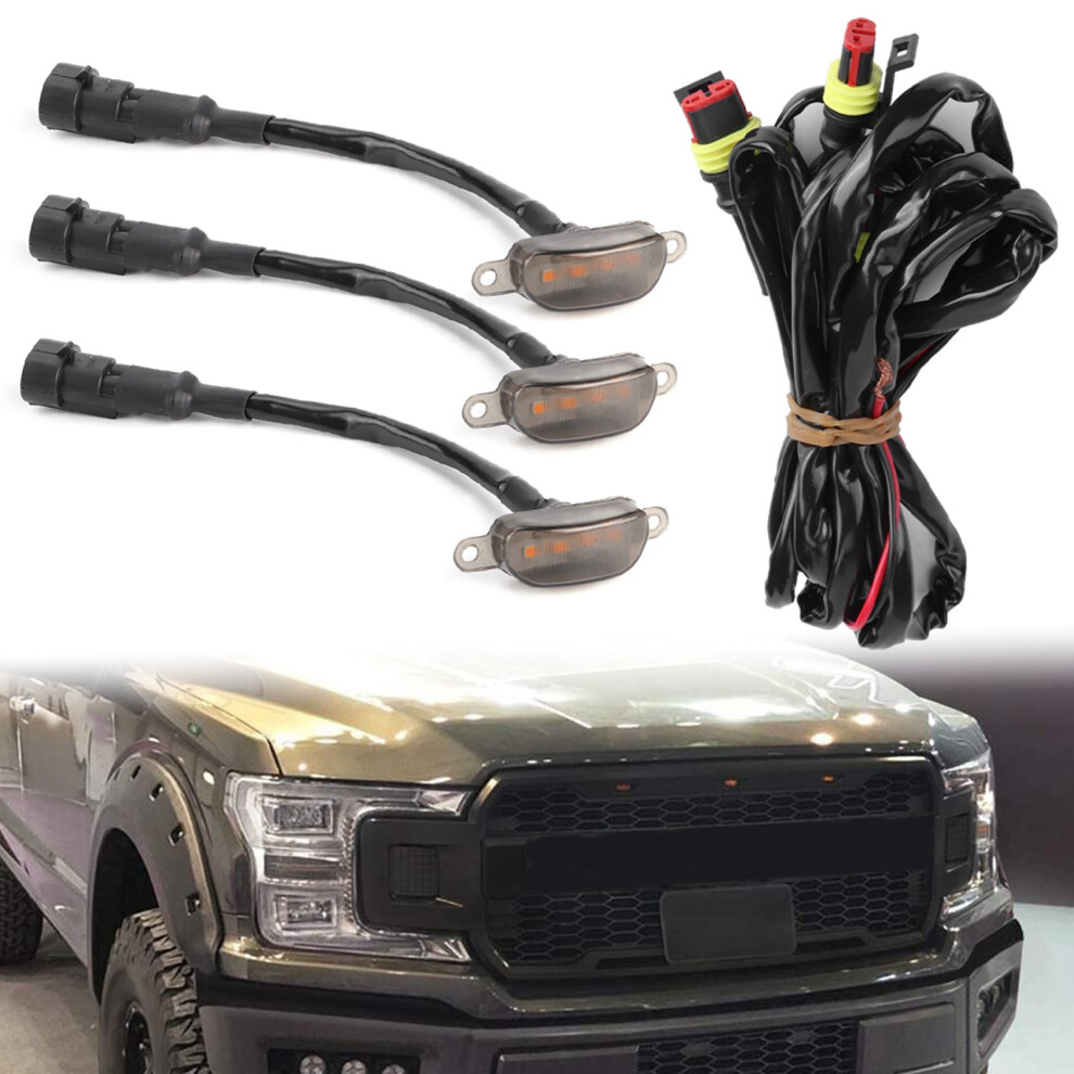 3Pcs Car Grille Lights With Harness For Ford Fâ150 Raptor 2010-2014, 2017+ & Black/Yellow 8761361548700