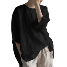 Vintage Damen Sommer Baumwolle Leinen Bluse Rundhals Halbarm Einfarbig S-5XL