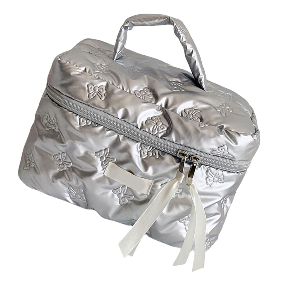 Quilted Cosmetic Bags For Women And Girls With Bows-Silver