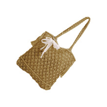 Women Beach Bag Woven Underarm Bag Holiday-Khaki ribbon pendant