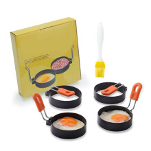Non-stick madlavningsforme, ægringsæt med silikonehåndtag, æggeformer i rustfrit stål til morgenmad på stegepander - leveres med oliebørste og