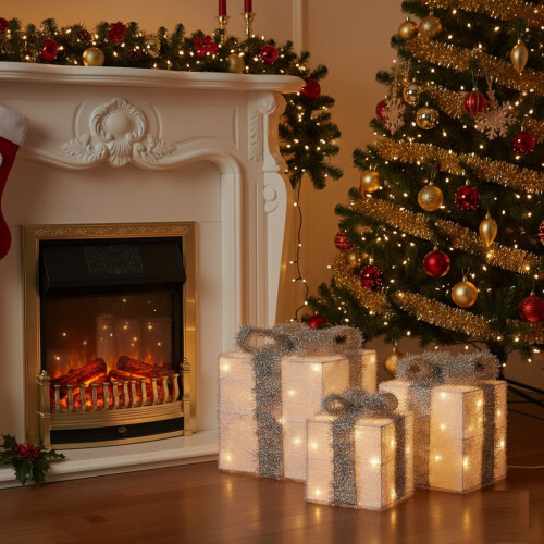 3 Piece Warm White LEDs Battery Operated Silver Christmas Gift Boxes with Timer 2