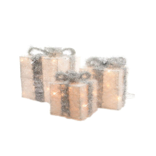 3 Piece Warm White LEDs Battery Operated Silver Christmas Gift Boxes with Timer 1