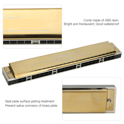 24 Hole Tremolo Harmonica B Key for Beginners - Gold or Black 2