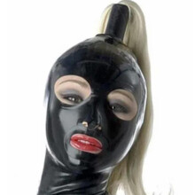 Latex Hood Adult Black Natural Rubber with Back Zipper and Ponytail Wig for Cosplay Wear Accessories Garment XS-60CM