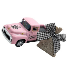 (Pink) Mini Metal Truck with Removable Burlap Bag Coffee Station Decors for Tiered Trays and Farmhouses Table Centerpieces White