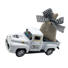 (White) Mini Metal Truck with Removable Burlap Bag Coffee Station Decors for Tiered Trays and Farmhouses Table Centerpieces White