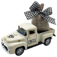 (Creamy White) Mini Metal Truck with Removable Burlap Bag Coffee Station Decors for Tiered Trays and Farmhouses Table Centerpieces White