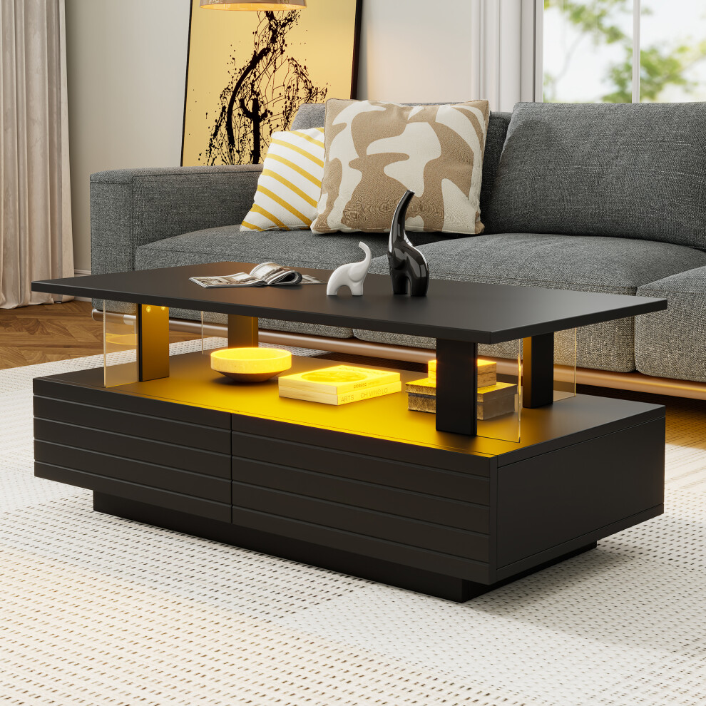 Living Room Coffee End Table with 2 Drawers and LED Black Particleboard & Acrylic 100cm x 50cm x 42.5cm Stylish & Functional-image-OPC-PMZBYPM-NEW