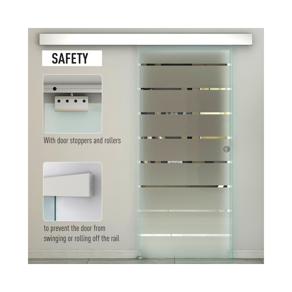 Sliding Glass Door 90cm Frosted Tempered Glass Stripe Pattern Hardware Track Kit & Round Handle Perfect for Interior Spaces-image-OPC-PMZCFFR-NEW