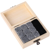 9Pcs Whisky Chilling Stones Set with Wooden Box - Grey, 2cm Rocks