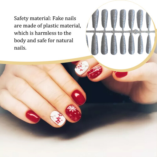 (Silver) 24 Pieces False Nails Artificial Nail Tips Coffin Pattern Fingernail 2
