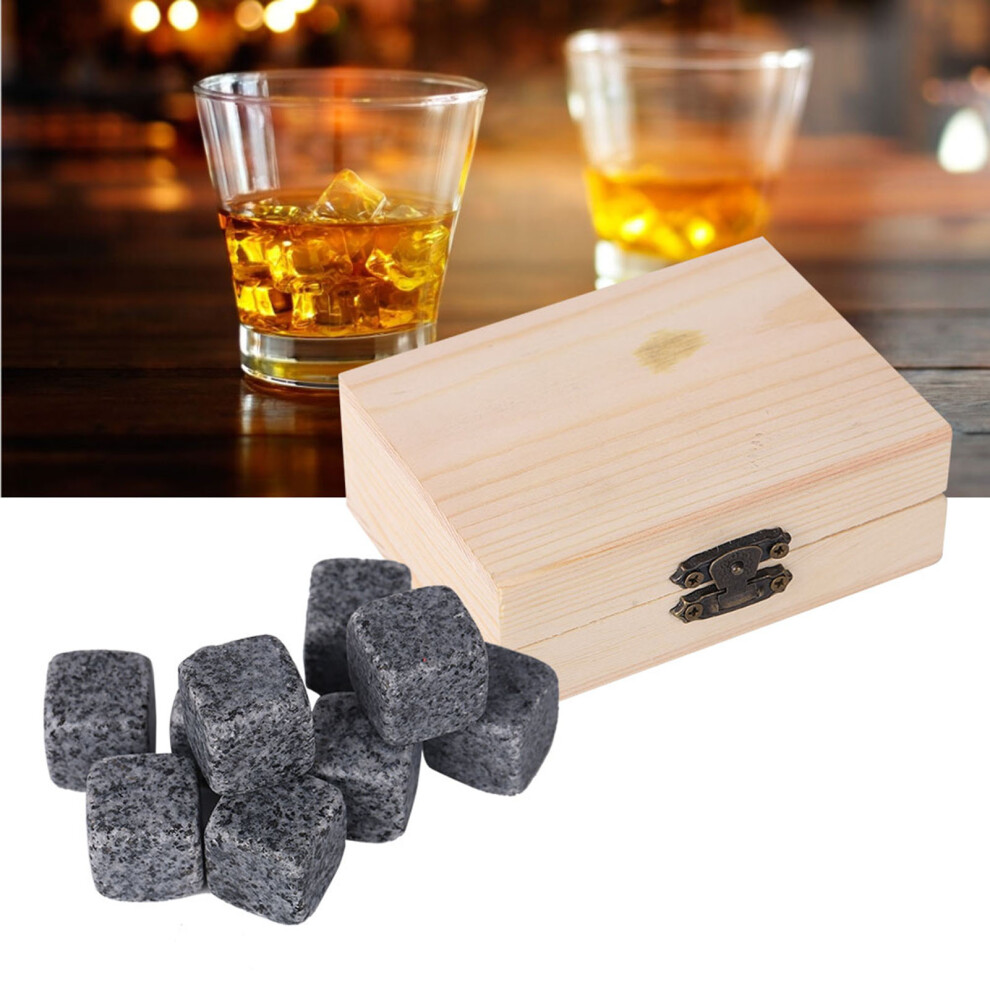 Grey 9Pcs Whisky Chilling Stones Set - Natural Granite, Wooden Box,