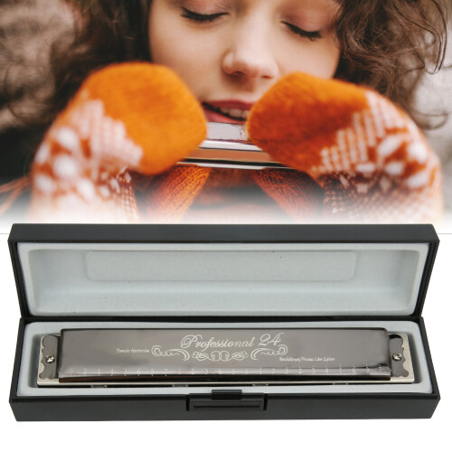 Professional 24-Hole Harmonica G Key, Brass Base 1.2mm, Black