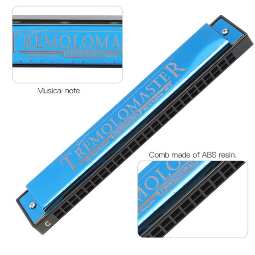 Professional C Key 24-Hole Diatonic Harmonica Blue, Resin Comb 2
