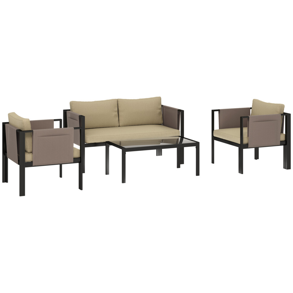 Garden Metal Furniture Set with Tempered Glass Coffee Table Padded Cushions Outdoor Loveseat & Chairs Khaki 4 Pieces-image-OPC-PMZD9BZ-NEW