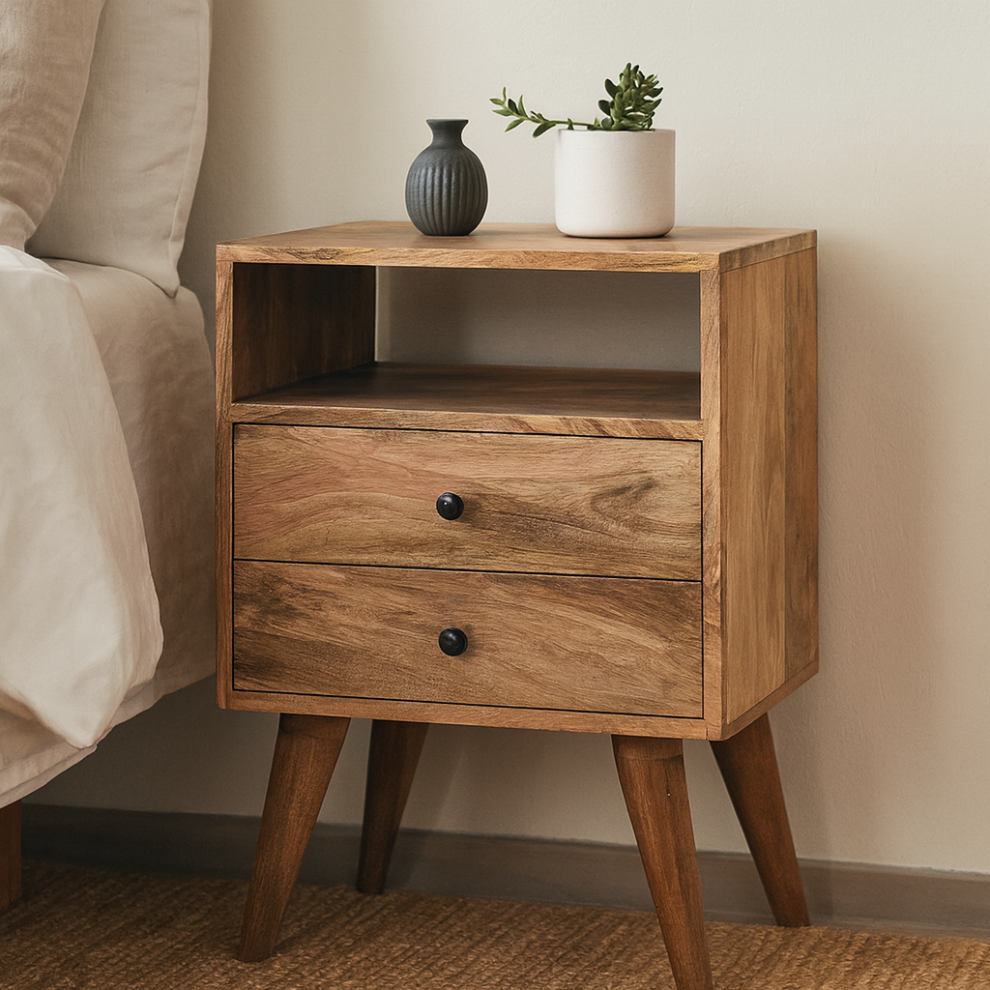 Solid Oak Bedside Table in Brown with 2 Drawers and Open Shelf Sturdy Wooden Construction Elegant Bedroom Storage-image-OPC-PMZD9PZ-NEW