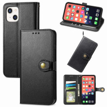 (Black) For iPhone 13 mini Solid Color Leather Buckle Phone Case with Lanyard & Photo Frame & Card Slot & Wallet & Stand Function