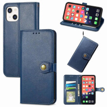 (Blue) For iPhone 13 mini Solid Color Leather Buckle Phone Case with Lanyard & Photo Frame & Card Slot & Wallet & Stand Function