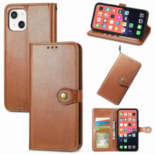 (Brown) For iPhone 13 mini Solid Color Leather Buckle Phone Case with Lanyard & Photo Frame & Card Slot & Wallet & Stand Function
