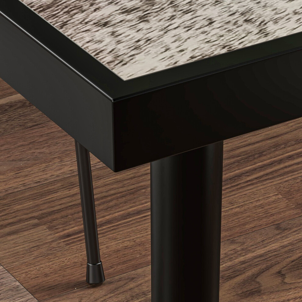 Grey Outdoor Garden Table for 4 Square Steel Frame Dining Table with Marble Effect Glass Top for Patio-image-OPC-PMZDVTH-NEW