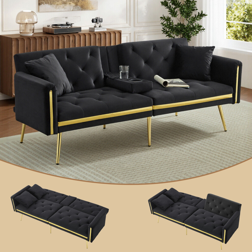 Two-Seater Sofa Bed with Adjustable Backrest Gold Accents & Cup Holders Multi-Functional Space-Saver for Lounge & Bedroom-image-OPC-PMZGB9C-NEW