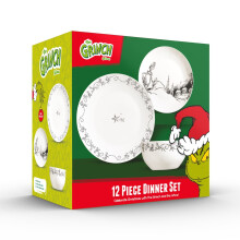 The Grinch 12PC 4 Place Porcelain Dinner Set Plates & Bowls Christmas Dinnerware