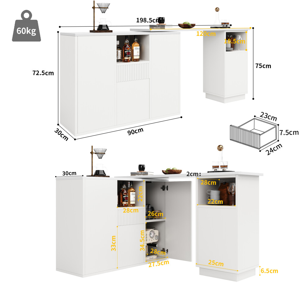 Modern Swivelling Bar Table with 360 Rotation Open Storage & Marble Worktop White Finish 198.5x30x75cm for Living & Kitchen-image-OPC-PMZHJYM-NEW