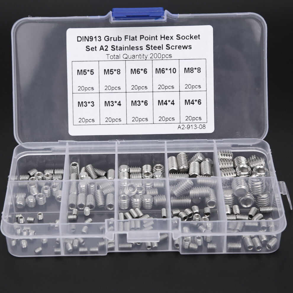 M3-M8 Stainless Steel Hex Grub Screws - 200Pcs Burr-Free & Rust-Proof 3421361721187