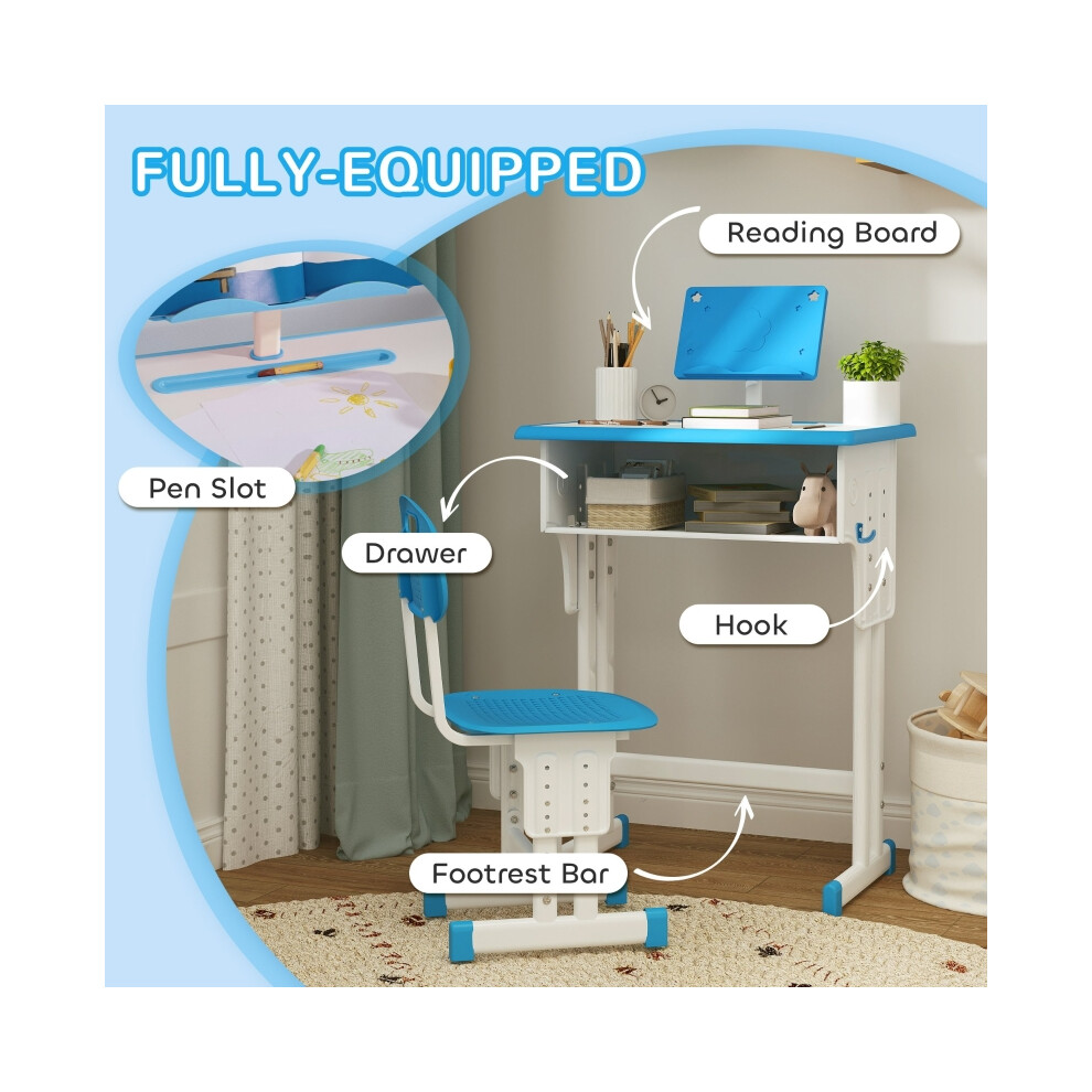 HOMCOM Kids Height-Adjustable Desk and Chair Set in Blue Featuring Book Stand and Pen Slot Safe and Sturdy Wooden Design-image-OPC-PMZHKWV-NEW
