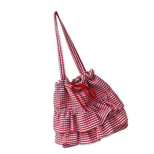 Practical Canvas Shoulder Bag With Ruffle Trim and Spacious-Red