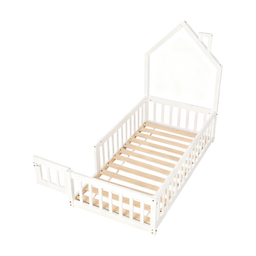 Living And Home Pine Wood House-Shaped Bed Frame, White 1