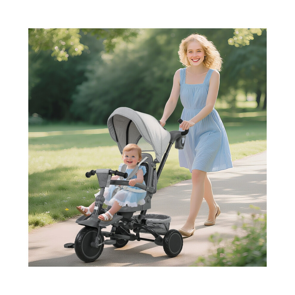 Kids 6 in 1 Trike with Foldable Frame Canopy & Adjustable Parent Handle for 1-5 Years Grey Safe and Comfortable Ride-image-OPC-PMZJPCZ-NEW