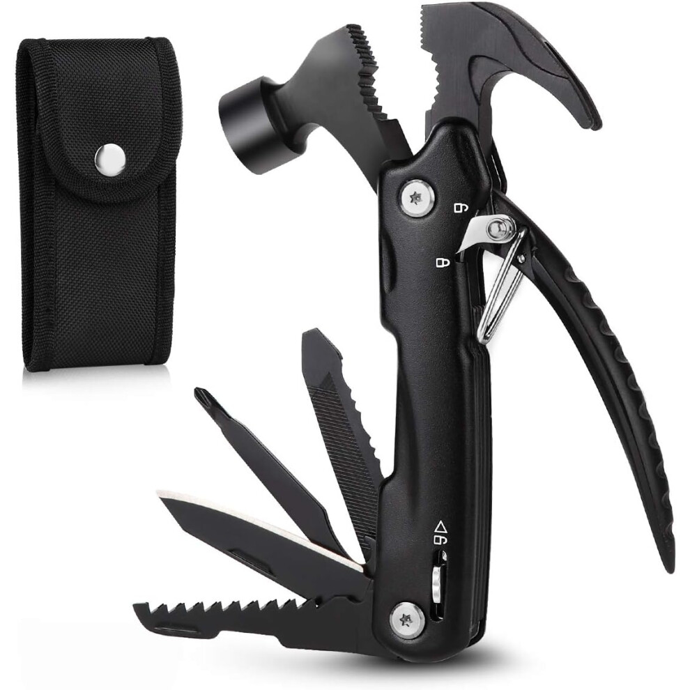 12-In-1 Multitool Hammer, Portable EDC Gear, Stainless Steel Construction, Compact Design For Camping, Hiking, Home Improvement, Includes Safety Lock