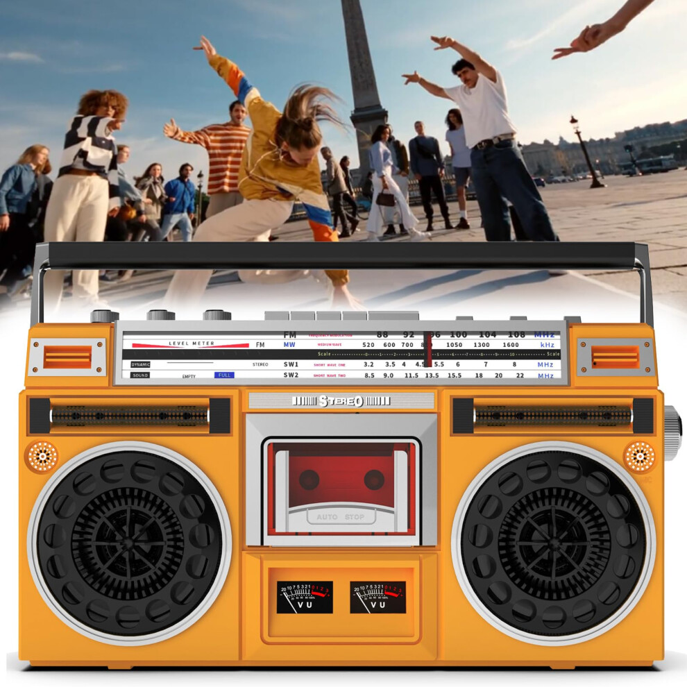Portable Cassette Stereo Speaker And Tape Player, Bluetooth Boombox With Earphone Jack, Am/Fm/Sw Radio, Sd/Usb Input Orange 9339159249796