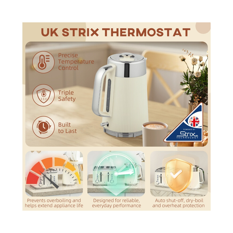 Stainless Steel Electric Kettle & 4-Slice Toaster Set 1.7L 3000W Cream Fast Boil with Thermostat & Adjustable Browning-image-OPC-PMZJT78-NEW