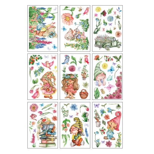 9 Sheets Spring Flowers Butterfly Gnomes Glass Sticker for