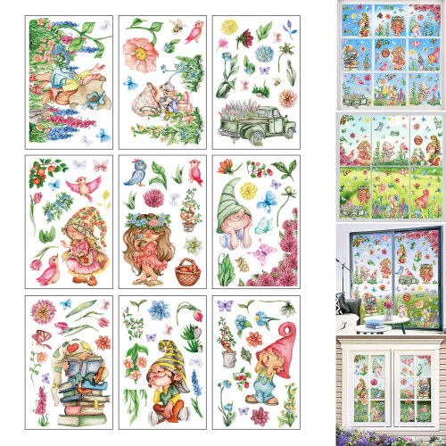 9 Sheets Spring Flowers Butterfly Gnomes Glass Sticker for 1