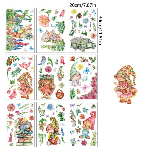 9 Sheets Spring Flowers Butterfly Gnomes Glass Sticker for 2