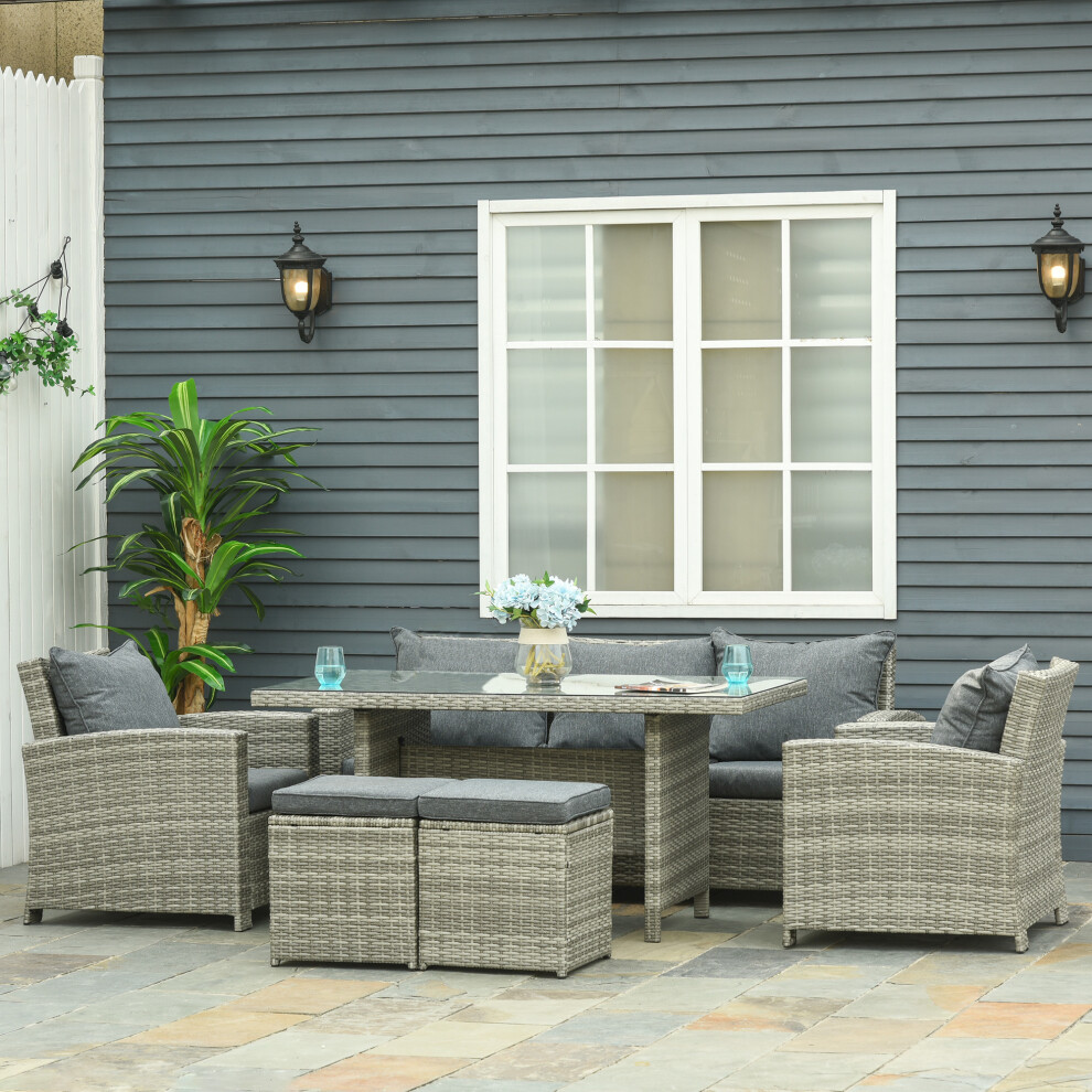 6 Piece Garden Set PE Rattan with Glass Top Table Armchairs Footstools & Cushions Light Grey Aluminum Frame Patio Furniture-image-OPC-PMZK6W8-NEW