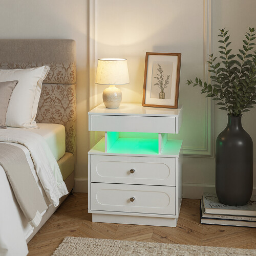Living And Home Modern 3-Drawer Bedside Table with RGB Lighting, White 1