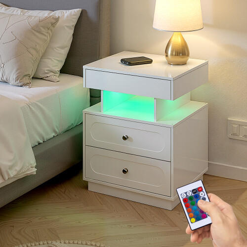Living And Home Modern 3-Drawer Bedside Table with RGB Lighting, White 2
