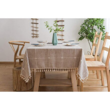 Elegante tovaglia rettangolare in misto lino e cotone con motivo a quadri e nappe, realizzata in tessuto 100% ecologico per interni ed esterni,
