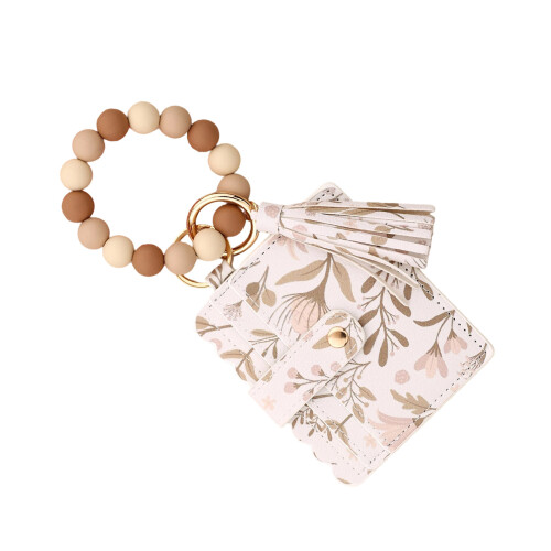 Stylish Bohemian Bead Keychain Practical PU Wallet Charm-Khaki