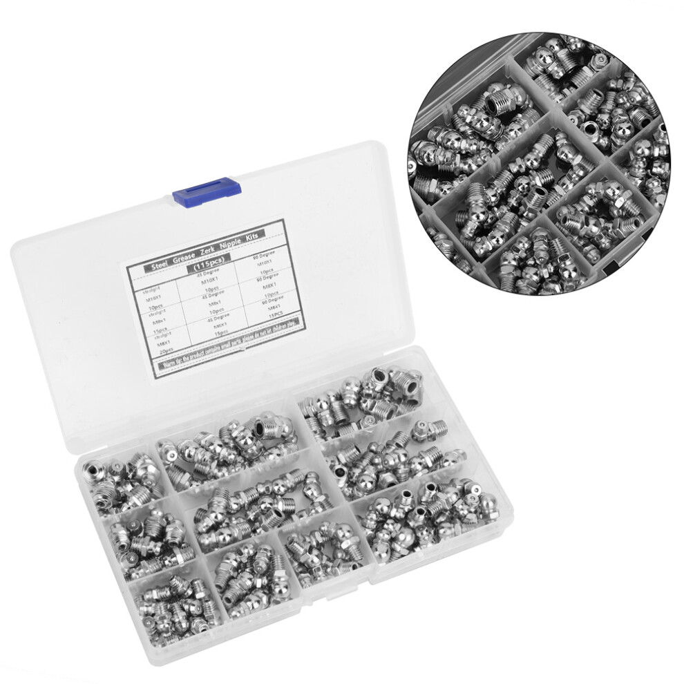 115Pcs Steel Grease Zerk Nipples, M6/M8/M10 X 1, Antirust, Silver 4101361840406