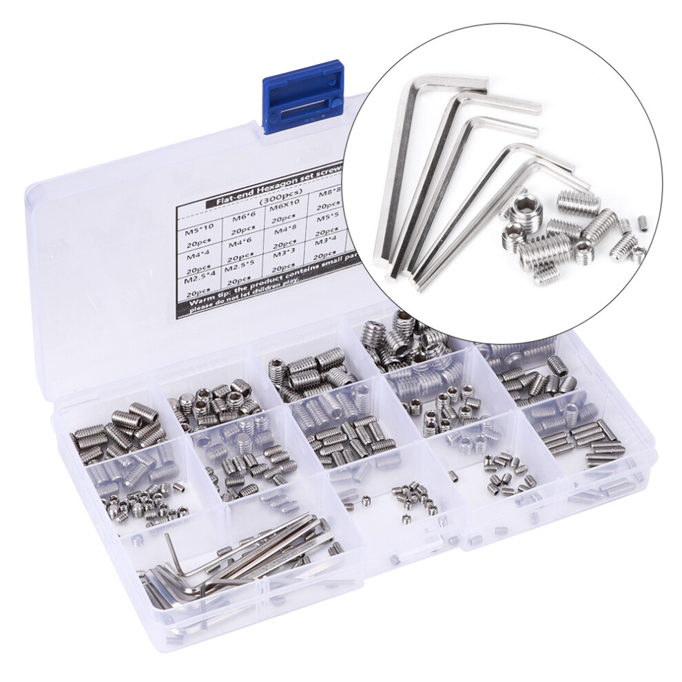 300Pcs Stainless Steel Hex Grub Screw Set With 6 Wrenches, Assorted Sizes 6951361857281