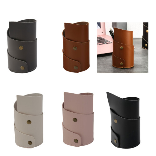 PU Leather Pen Cup Desk Pen Container Makeup Brush-brown 2