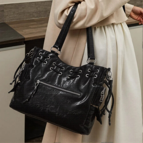 Retro Style PU Leather Underarm Bag with Studs and-Black 1