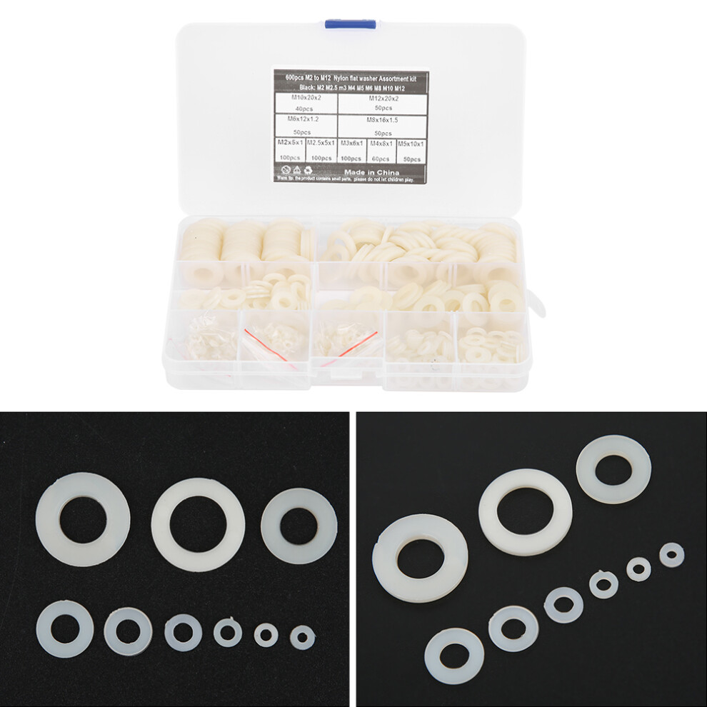 600Pcs White Nylon Flat Washer Kit 9 Sizes M2-M12 Hardware Assortment 4981361886051