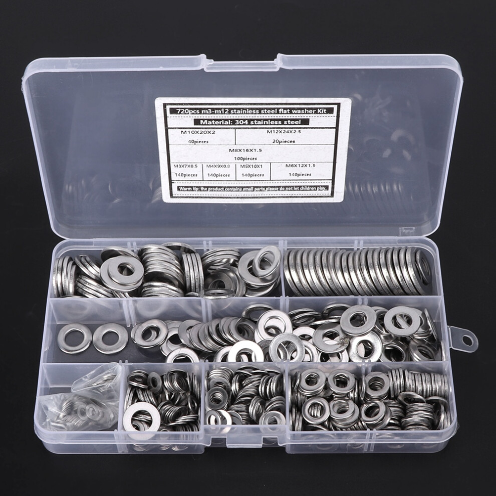720Pcs Stainless Steel Flat Washer Set M3-M12 Silver 8391361889949
